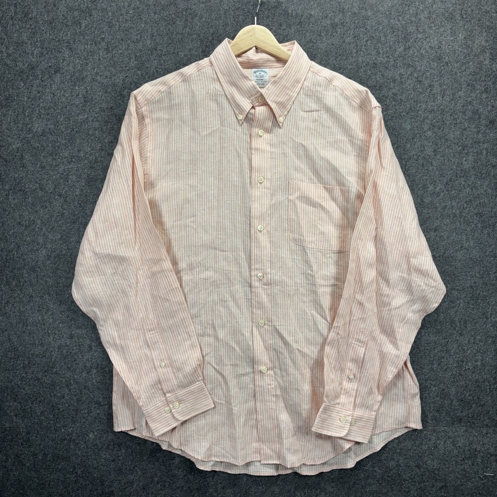 Brooks Brothers Button Down Irish Linen Shirt Men's XL Long Sleeve Striped Peach